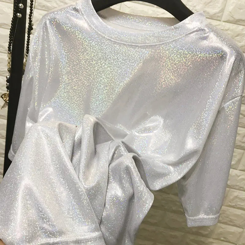 Summer Woman tops shiny loose short sleeve t-shirt sexy club aesthetic women stylish bright silk tshirt