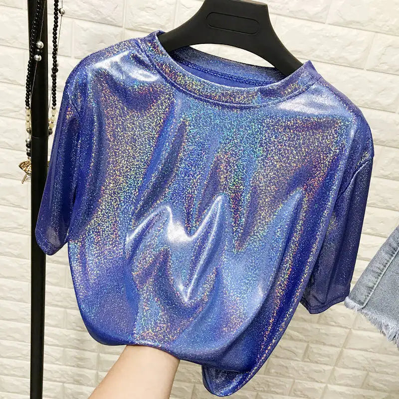 Summer Woman tops shiny loose short sleeve t-shirt sexy club aesthetic women stylish bright silk tshirt