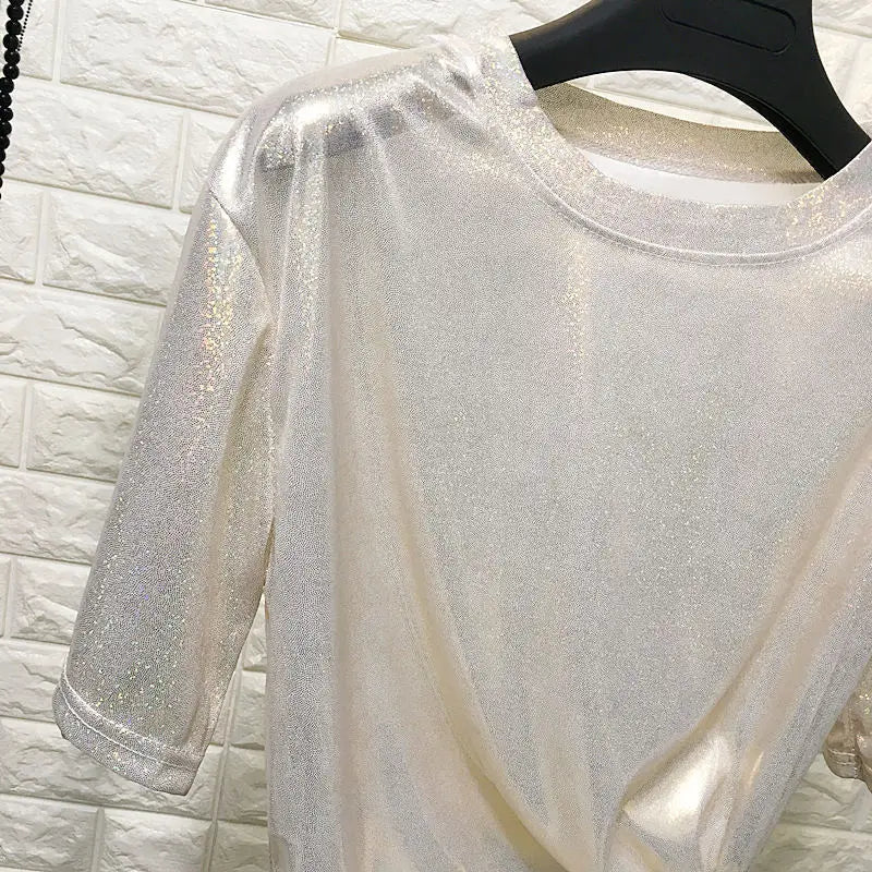 Summer Woman tops shiny loose short sleeve t-shirt sexy club aesthetic women stylish bright silk tshirt