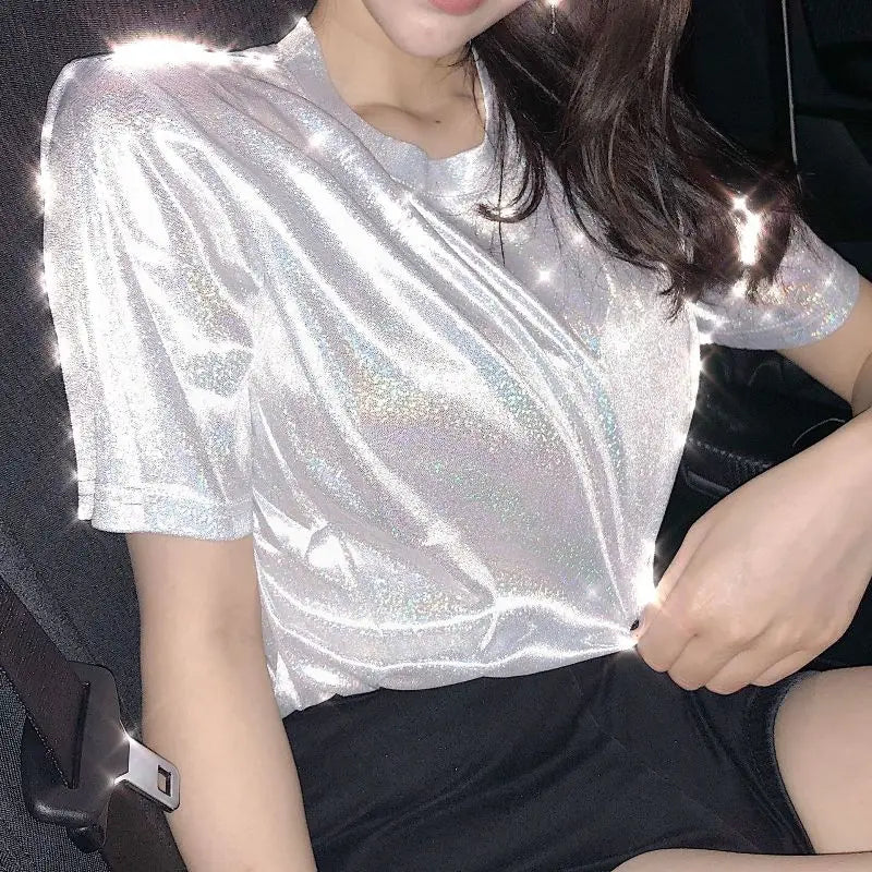 Summer Woman tops shiny loose short sleeve t-shirt sexy club aesthetic women stylish bright silk tshirt