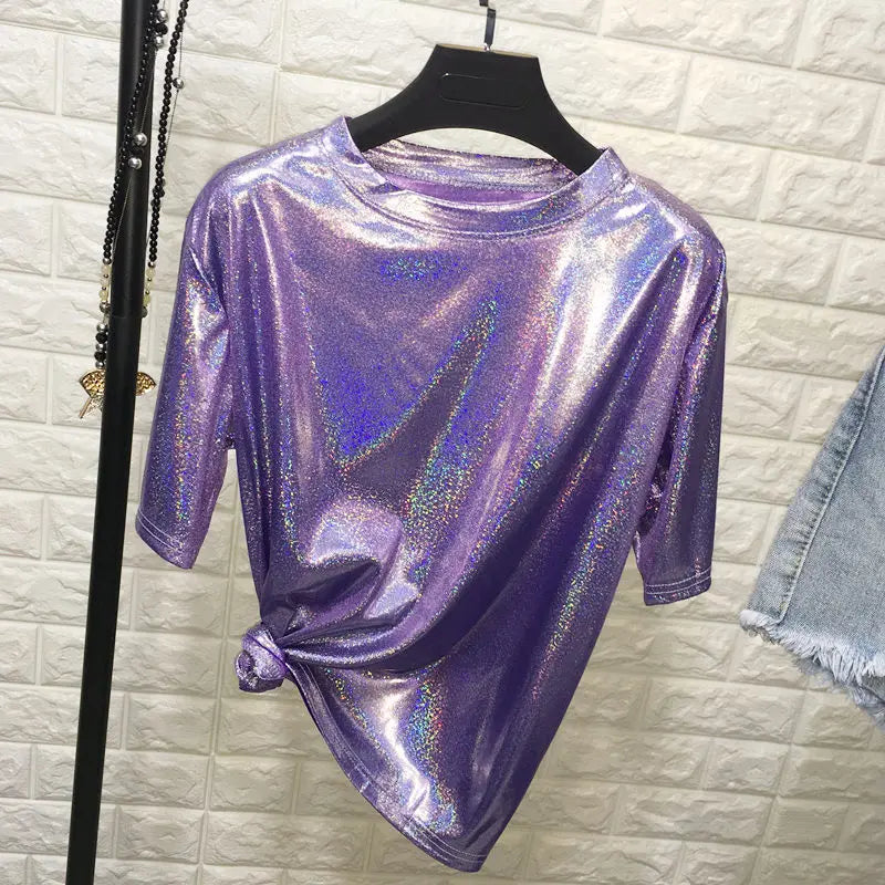 Summer Woman tops shiny loose short sleeve t-shirt sexy club aesthetic women stylish bright silk tshirt
