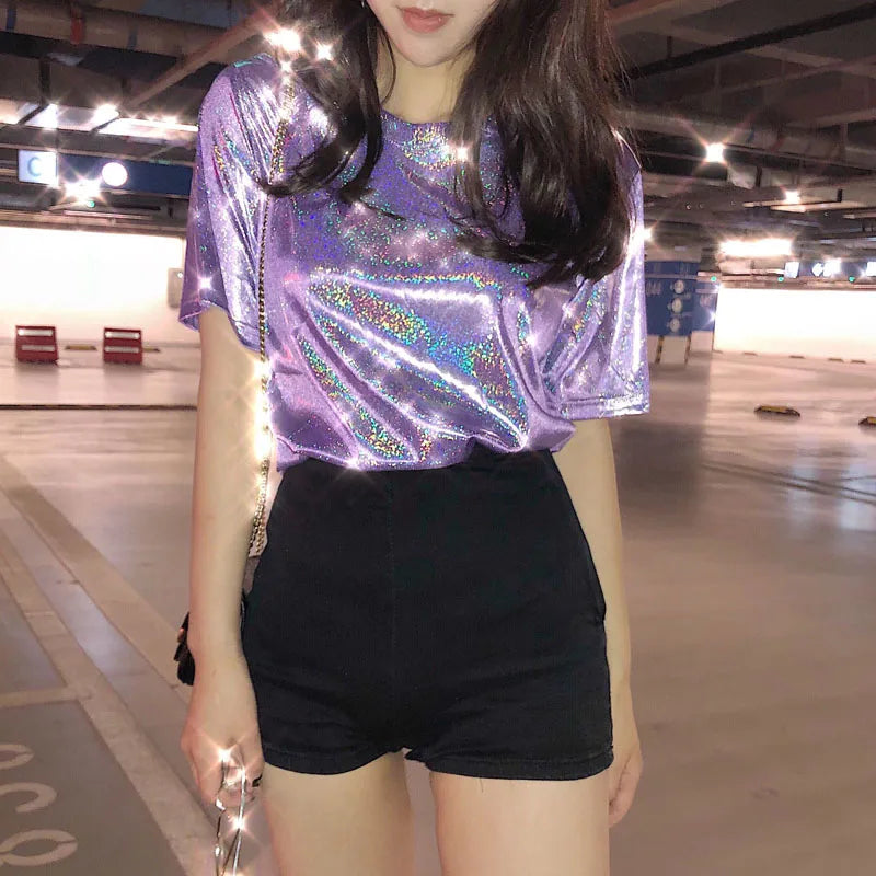Summer Woman tops shiny loose short sleeve t-shirt sexy club aesthetic women stylish bright silk tshirt