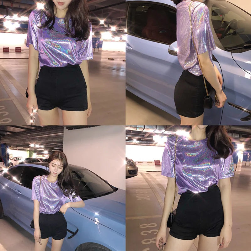 Summer Woman tops shiny loose short sleeve t-shirt sexy club aesthetic women stylish bright silk tshirt