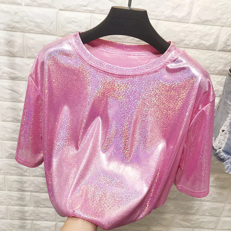 Summer Woman tops shiny loose short sleeve t-shirt sexy club aesthetic women stylish bright silk tshirt