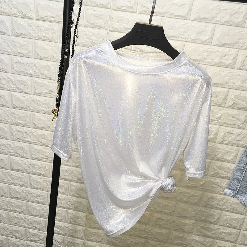 Summer Woman tops shiny loose short sleeve t-shirt sexy club aesthetic women stylish bright silk tshirt