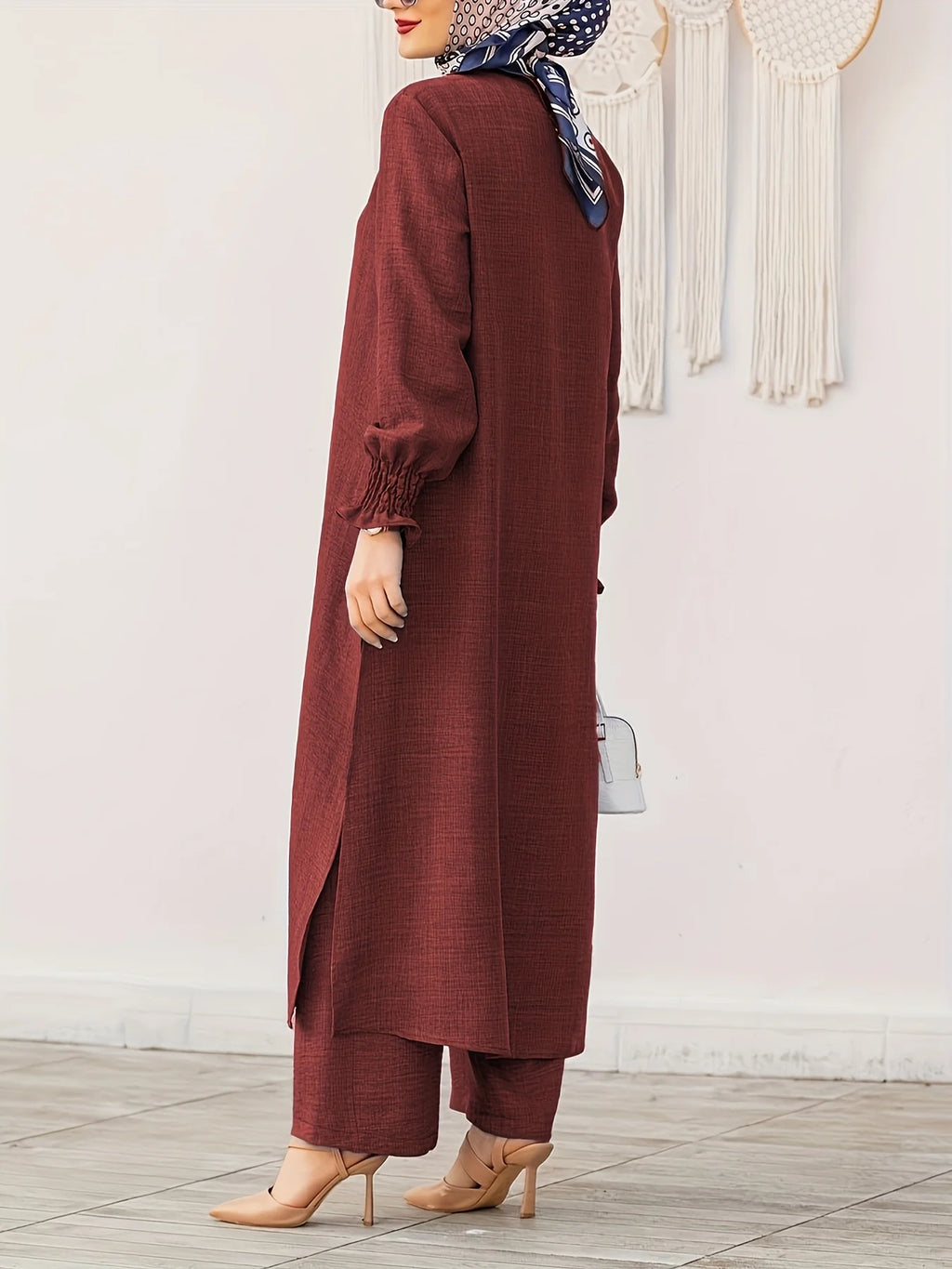 New Middle Eastern Ramadan Style Women's Front-Button Long-Sleeve Slit Dress Muslim Ethnic Style Loose Pants Saudi Arabian Style Comfortable Casual Solid Color Two-Piece Set Without Headscarf