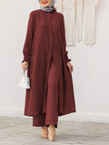 New Middle Eastern Ramadan Style Women's Front-Button Long-Sleeve Slit Dress Muslim Ethnic Style Loose Pants Saudi Arabian Style Comfortable Casual Solid Color Two-Piece Set Without Headscarf