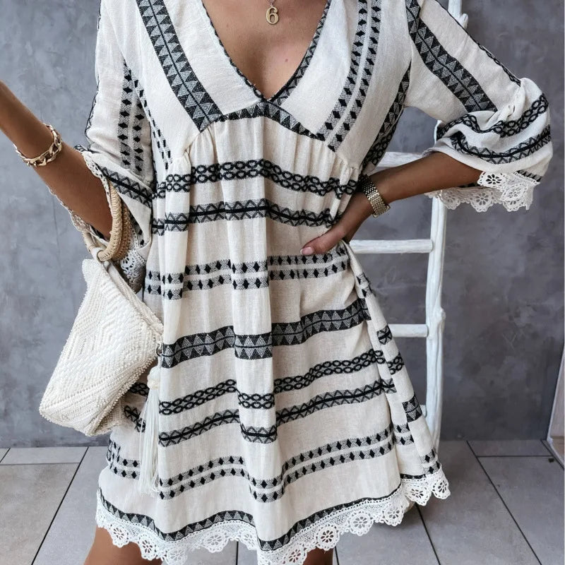 Summer Women Sexy Deep V-Neck Lace Trim Dresses Lady Striped Print Long Sleeve Dress Female Casual Loose Vacation Beach Dresses