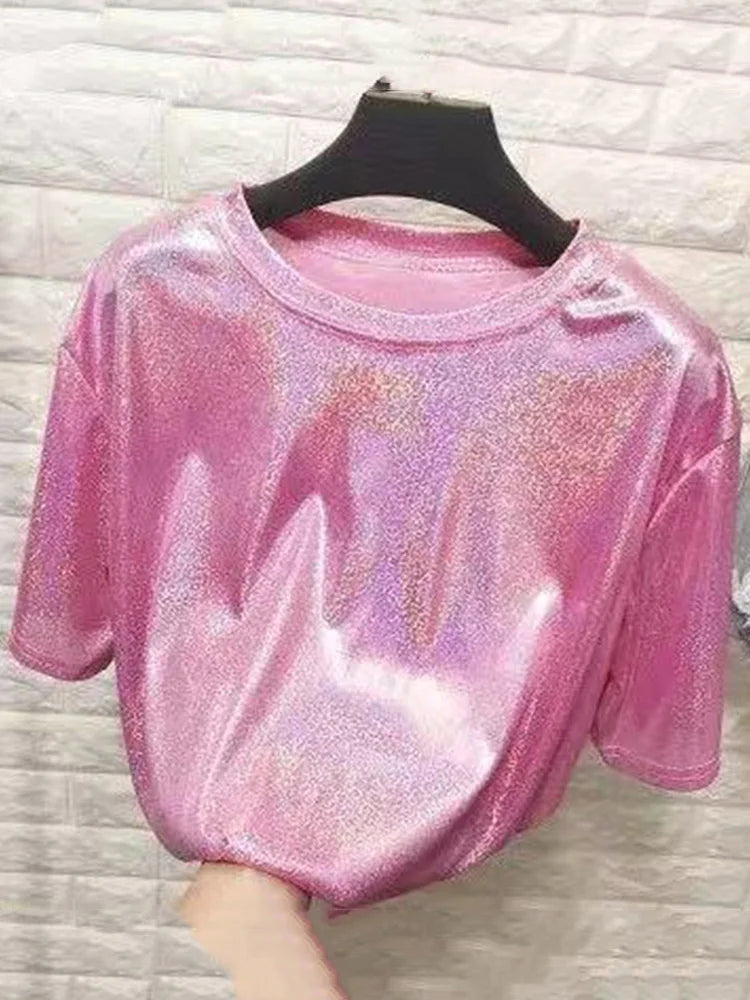 Summer Woman tops shiny loose short sleeve t-shirt sexy club aesthetic women stylish bright silk tshirt