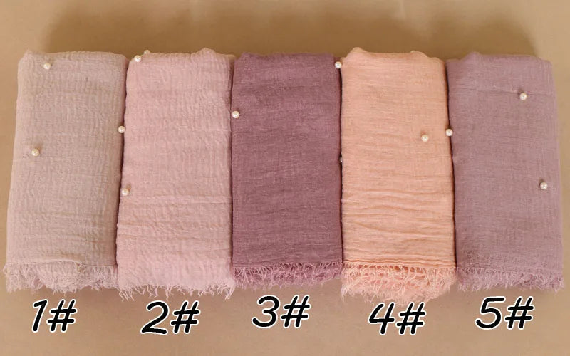 New Plain Crinkled Cotton Muslim Hijab Scarf Women Ladies Scarfs Shawls Head Wrap Pearl Beads Head Scarves Soft Muffler Stole