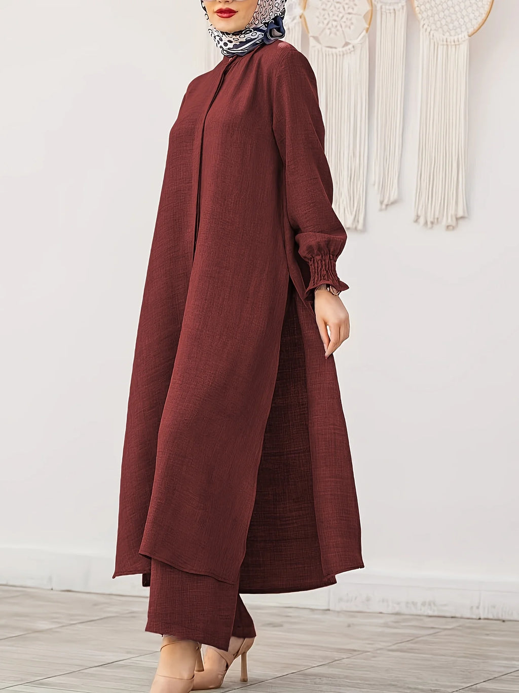 New Middle Eastern Ramadan Style Women's Front-Button Long-Sleeve Slit Dress Muslim Ethnic Style Loose Pants Saudi Arabian Style Comfortable Casual Solid Color Two-Piece Set Without Headscarf