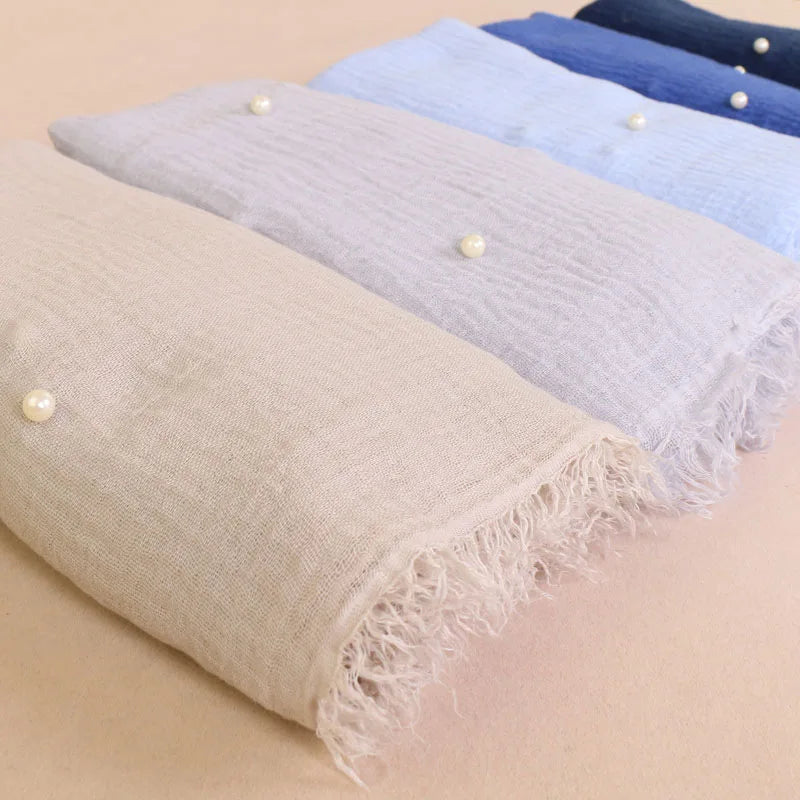 New Plain Crinkled Cotton Muslim Hijab Scarf Women Ladies Scarfs Shawls Head Wrap Pearl Beads Head Scarves Soft Muffler Stole