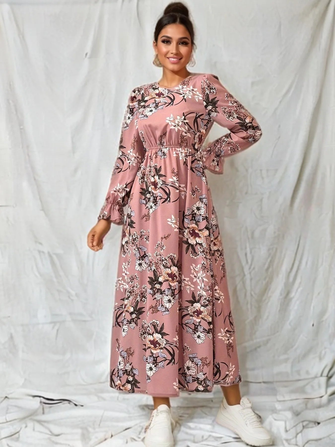 Women Dresses Puff Sleeve O Neck Morocco Flowers Party Dress Arab Kaftan Vestidos Slim Casual Long Robe