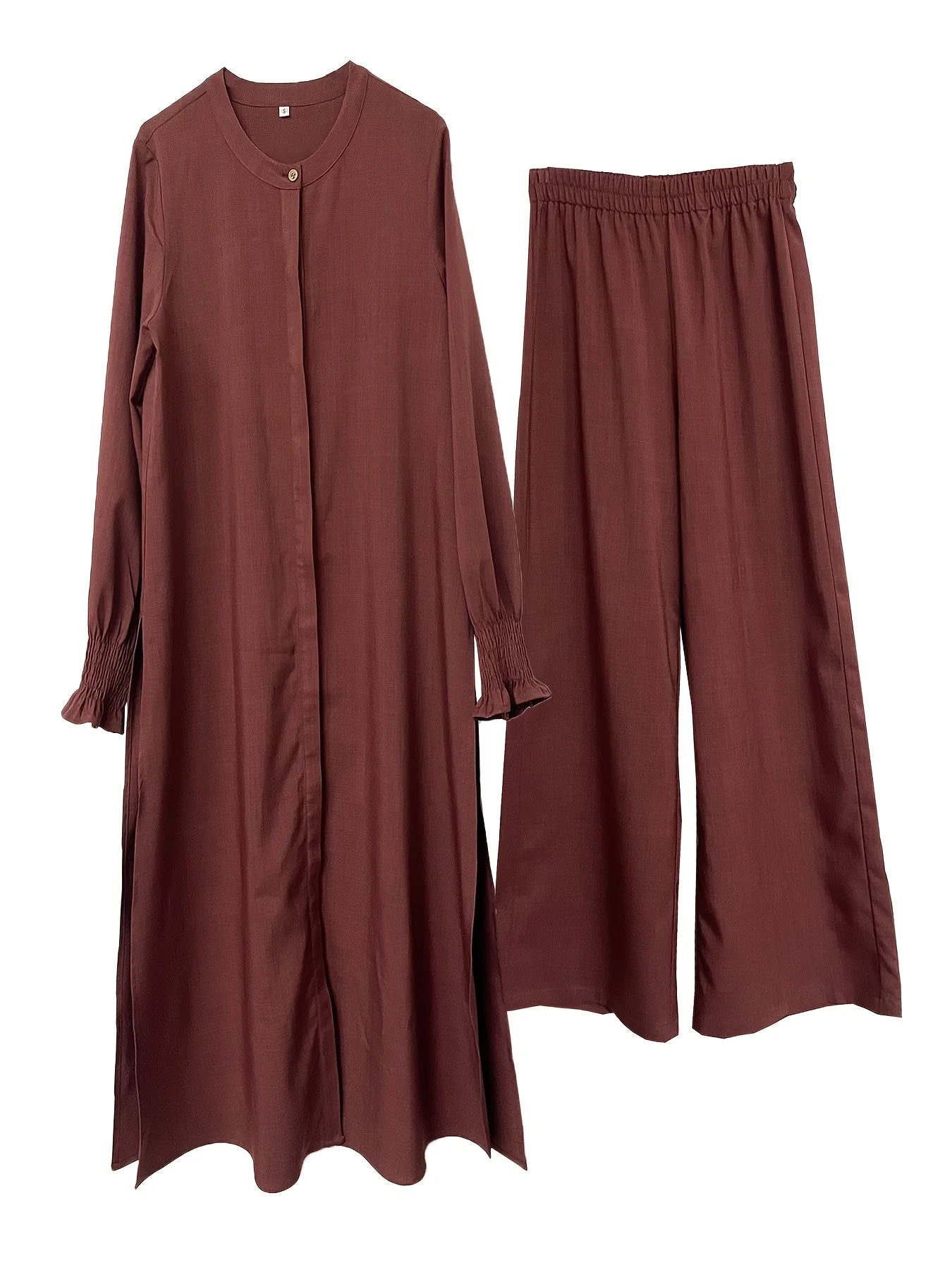 New Middle Eastern Ramadan Style Women's Front-Button Long-Sleeve Slit Dress Muslim Ethnic Style Loose Pants Saudi Arabian Style Comfortable Casual Solid Color Two-Piece Set Without Headscarf